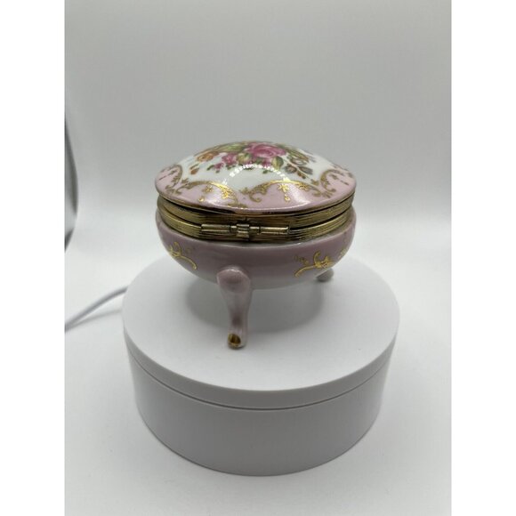 Porcelain Hand Painted Trinket Box Hinged Lid 4 Pedestal Legs Pink Floral VTG - Picture 6 of 16